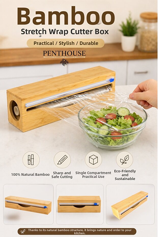 Bamboo Stretch Film Cutting Box 33 cm Single Compartment Practical Use Compatible with Aluminum Foil and Baking Paper