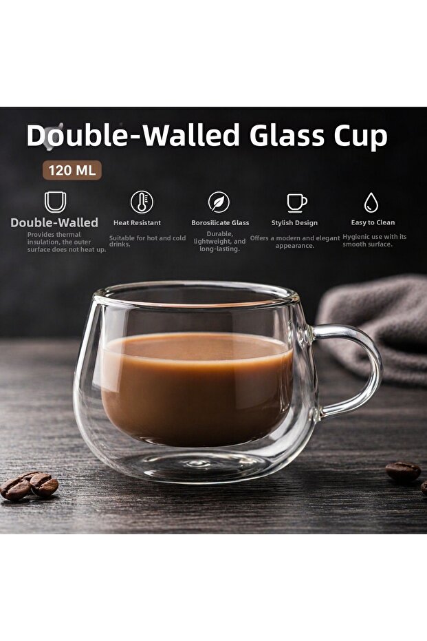 Double-Walled Glass Cup 120 ml – Thermal Insulated, Transparent Design, Stylish Presentation Cup for Coffee and Tea