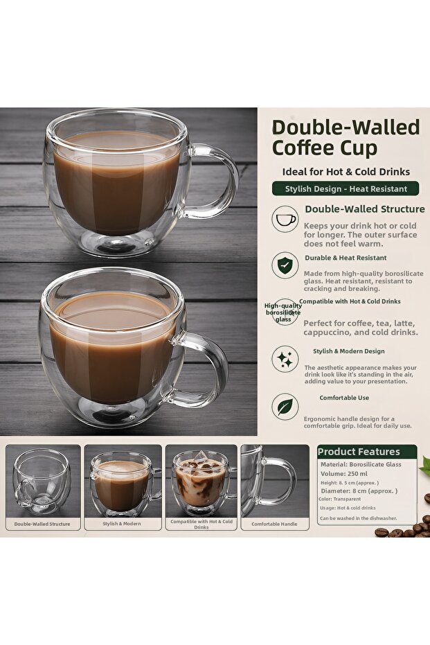 Double-Walled Heat-Resistant Coffee Cup – Transparent Double Wall Cup, Compatible with Hot & Cold Beverages