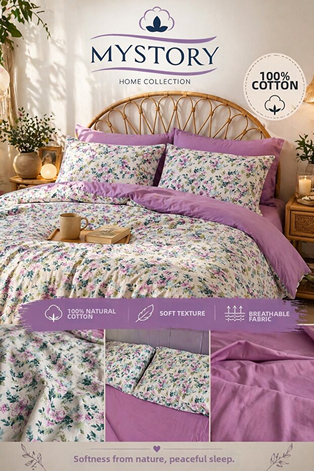 100% Cotton Double Duvet Cover Set Spring Bloom Lilac