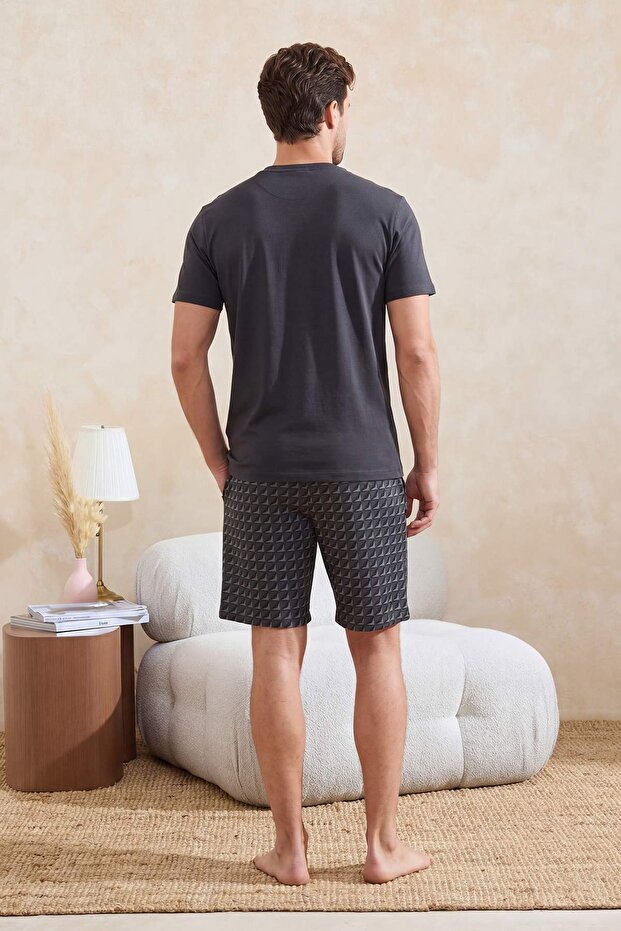Siyah Regular Geometrik Baskılı %100 Pamuk Yazlık Örme Pijama Takımı TMNSS26PT00039 - 3