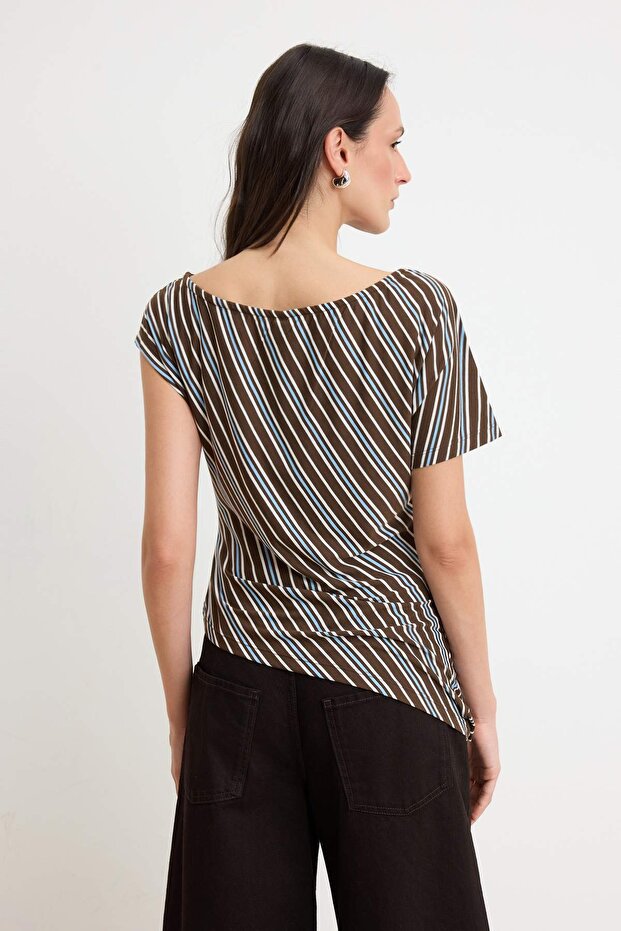 Çok Renkli Çizgili Regular/Normal Kalıp Kısa Kollu Büzgülü %100 Pamuk Örme T-shirt TWOSS26TS00283 - 6