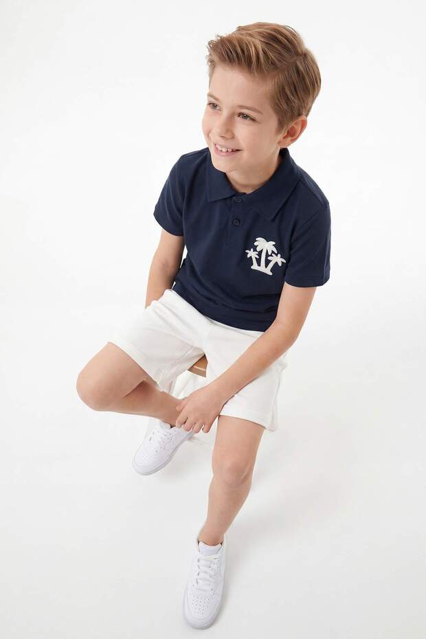Navy Blue Boy's 100% Cotton Embroidered Polo Collar Short Sleeve Knitted Top and Bottom Set Tkdss25Au00089