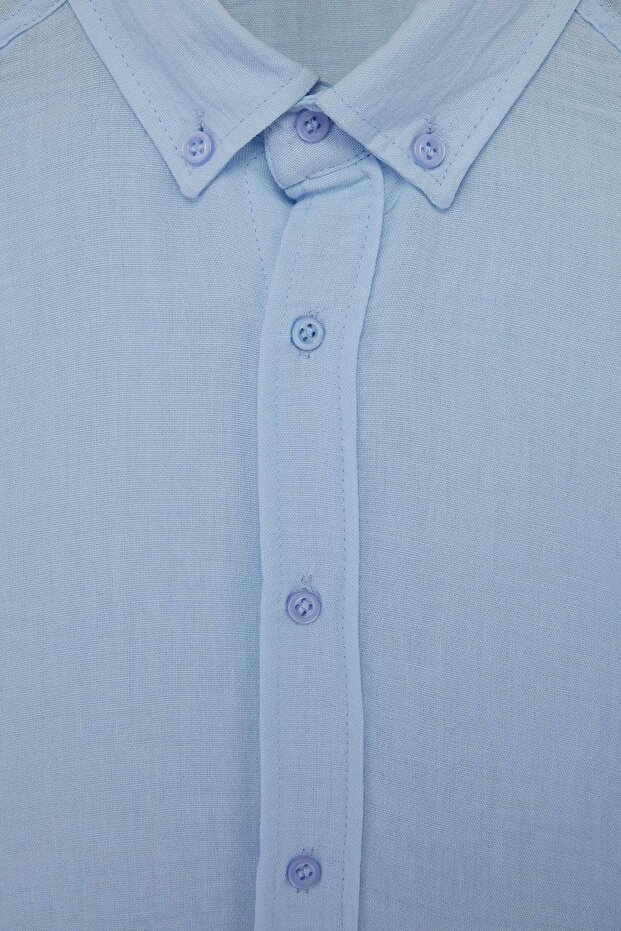 Açık Mavi Keten Dokulu Uzun Kollu Yarı Oversize Erkek Gömlek TMNSS26GO00036 - 6