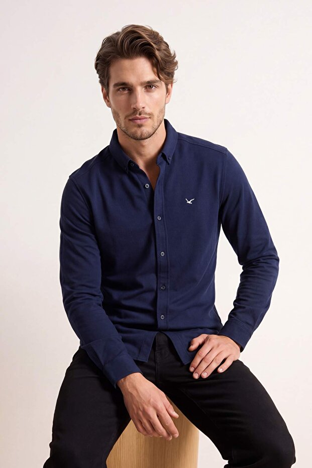 Lacivert Normal Kalıp/Regular Fit %100 Pamuk Yazlık Erkek Dokuma Gömlek TMNSS26GO00027 - 6