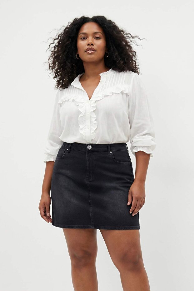 Antrasit Yüksek Bel Taşlı Düğme Comfort/Orta Esnek A Line Denim Büyük Beden Etek TBBSS26AZ00032 - 2