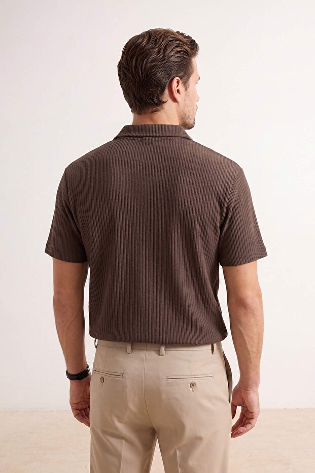 Kahverengi Regular/Normal Kesim Dokulu Polo Yaka T-shirt TMNSS26PO00005 - 3