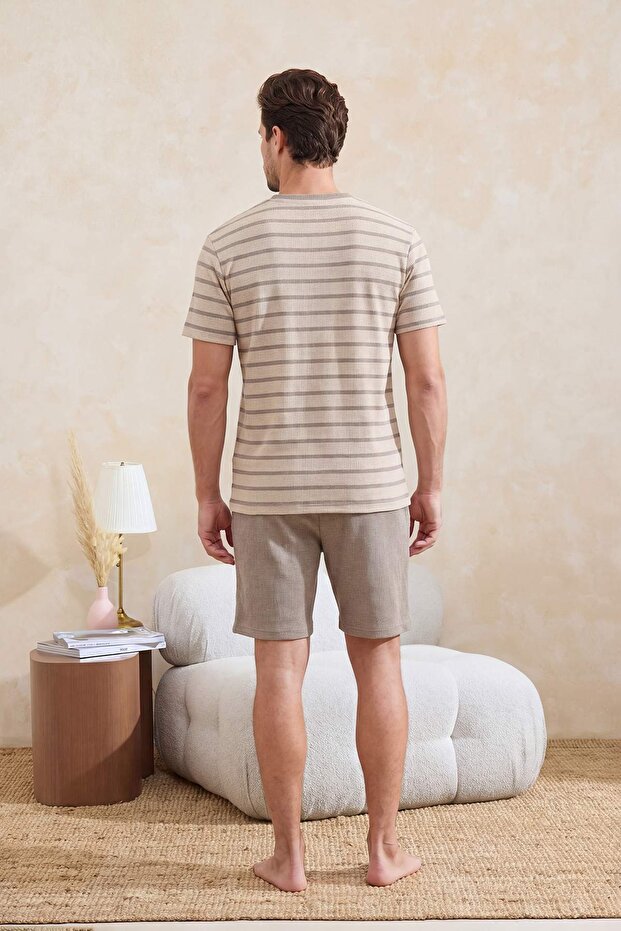 Kahverengi-Ekru Regular Kesim Çizgili Dokulu Pijama Takımı TMNSS26PT00043 - 3
