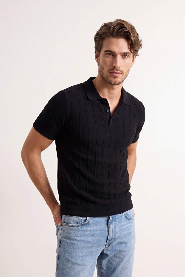 Siyah Slim/Dar Kesim Dokulu Polo Yaka T-shirt TMNSS26PO00039 - 2
