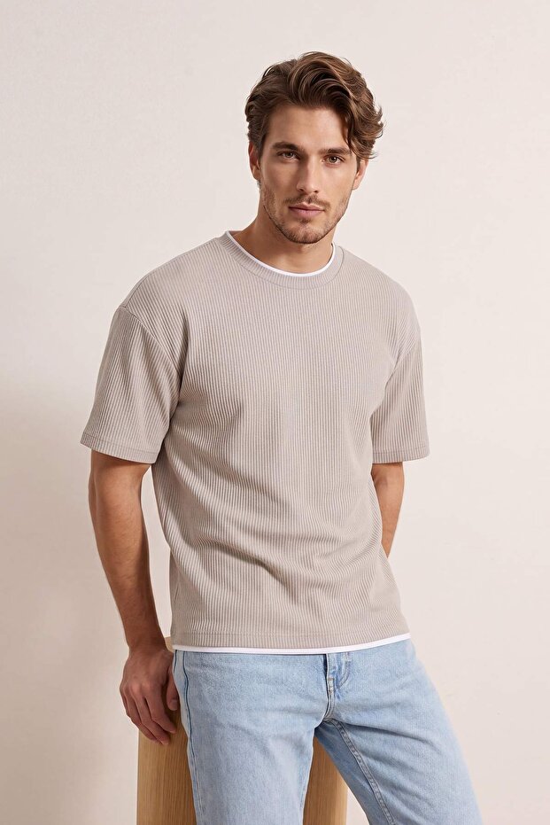 Taş Oversize/Geniş Kesim Ottoman Örme T-Shirt TMNSS26TS00038 - 1