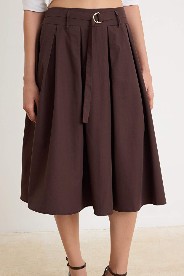 Kahverengi Midi Poplin Etek TWOSS26ET00144 - 3
