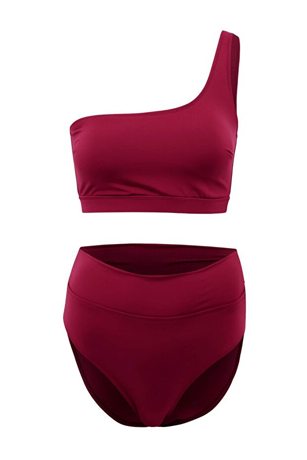 Bordo Tek Omuz Kaplı Hipster Yüksek Bel Regular Bikini Takımı TBESS24BT00126 - 5