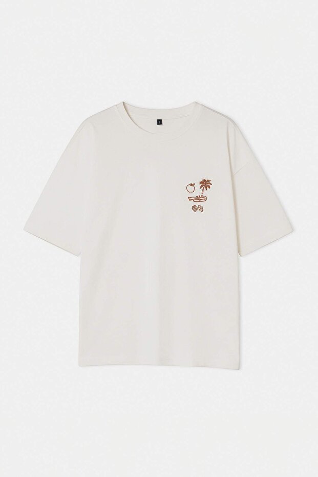 Ekru Oversize/Geniş Kesim Nakışlı %100 Pamuk T-Shirt TMNSS26TS00051 - 4