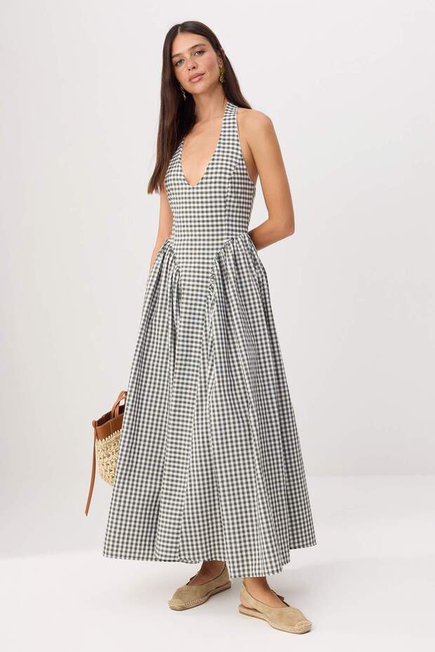 Grünes, gemustertes, gewebtes Maxikleid mit Taillenöffnung TWOSS25EL00874 - 1