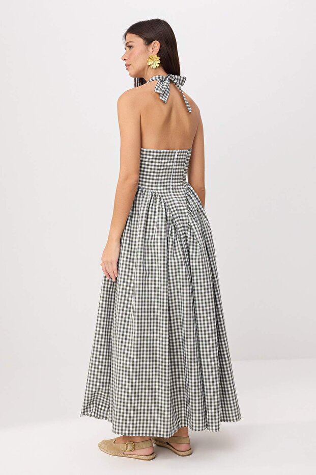 Grünes, gemustertes, gewebtes Maxikleid mit Taillenöffnung TWOSS25EL00874 - 4