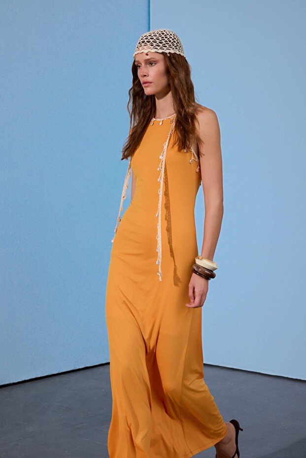 Limited Edition Turuncu Örme Sandy Maxi Abiye & Mezuniyet Elbisesi TPRSS26AE00091 - 4