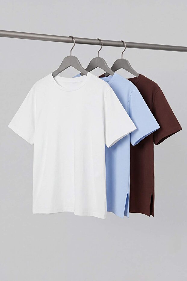 Kahverengi-Beyaz-Mavi 3'lü Paket Oversize Basic Büyük Beden T-shirt TBBSS26BF00025 - 8