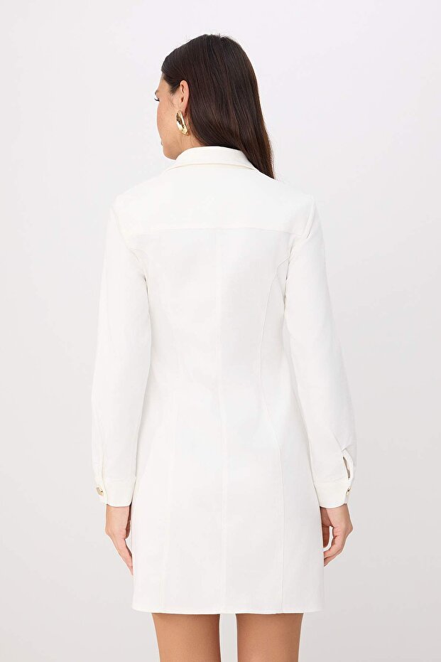 Ekru Gold Düğmeli Uzun Kol Mini Gabardin Dokuma Elbise TWOSS26EL00144 - 4