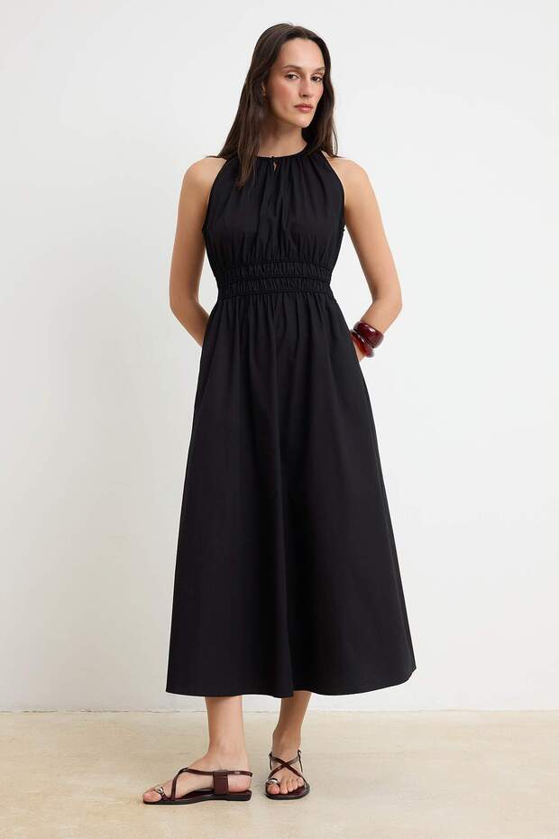 Trendyolmilla  Siyah Beli Lastikli Midi Dokuma Elbise TWOSS26EL00887 - Görsel 2