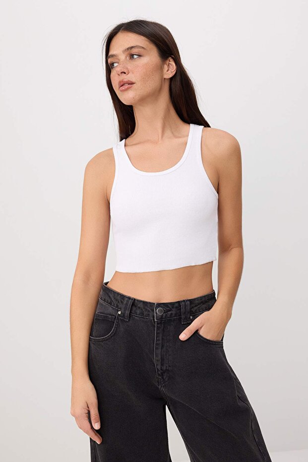 Saks Renk Bloklu Regular Kayık Yaka Düşük Kol Kısa Tok %100 Pamuk Örme T-Shirt TWOSS26TS00217 - 4