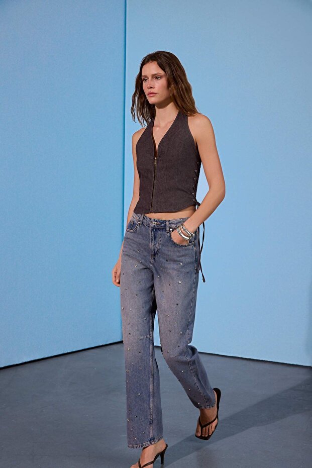 Limited Edition Mavi DÖKÜMLÜ Taş Detaylı Yüksek Bel Baggy Jeans TWOSS26JE00243 - 8