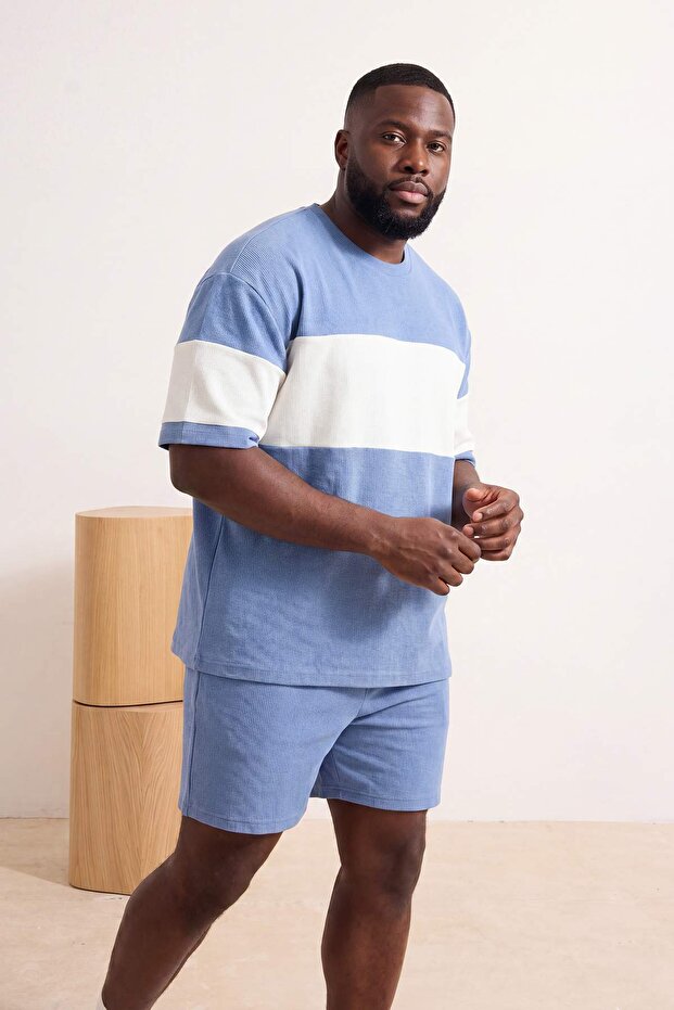 Indigo Büyük Beden Oversize/Geniş Kesim Renk Bloklu Dokulu T-Shirt TMNSS25BF00038 - 3