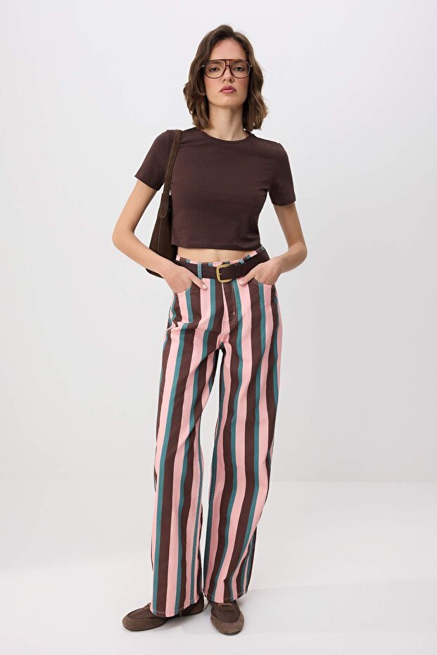 Çok Renkli Çizgili Yüksek Bel Wide Leg Jeans TWOSS26JE00342 - 2