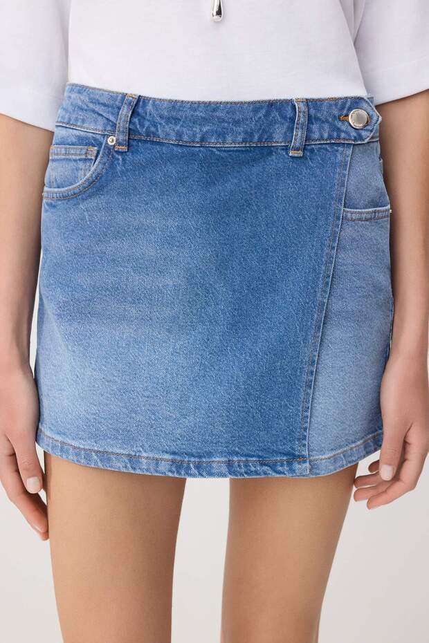 Mavi Kruvaze Kapama Yüksek Bel Az Esnek Denim Şort Etek TWOSS26SR00119 - 3