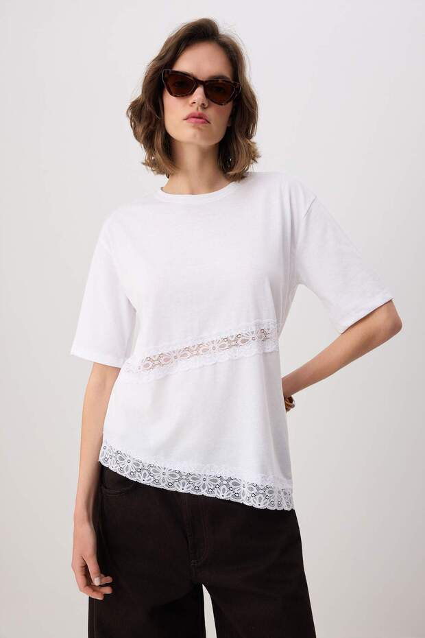 Ecru Cotton Lace Detailed Relaxed Short Sleeve Knitted T-Shirt Twoss26Ts00310