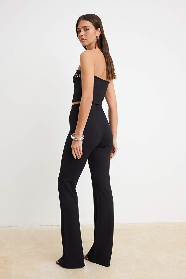 Siyah Flare/İspanyol Paça Normal Bel Uzun İnterlok Örme Pantolon TWOSS26PL00160 - 4