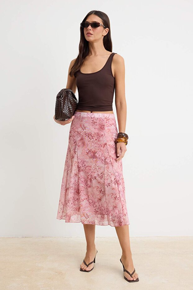 Çok Renkli Şal Desen Boho/Boho Chic Skater Yüksek Bel Midi Tül Örme Etek TWOSS26ET00163 - 2