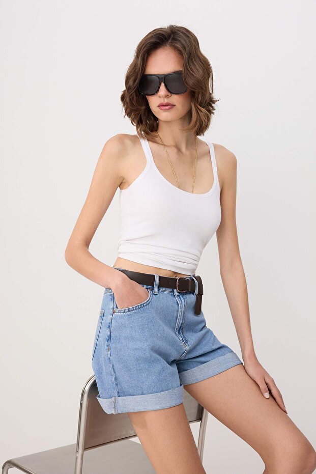 Mavi Kemer Detaylı Yüksek Bel City Boy Denim Şort TWOSS26SR00128 - 2