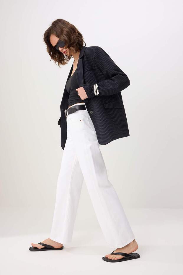 Beyaz DÖKÜMLÜ Yüksek Bel %100 Pamuk Wide Leg Jeans TWOSS26JE00062 - 2