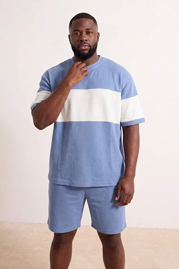 Indigo Büyük Beden Oversize/Geniş Kesim Renk Bloklu Dokulu T-Shirt TMNSS25BF00038 - 1