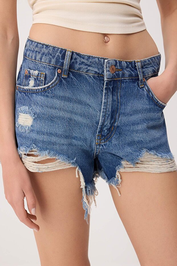 Mavi Yırtık Detaylı Ekstra Mini Denim Şort TWOSS26SR00218 - 3