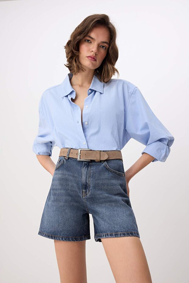 Koyu Mavi %100 Pamuk Yüksek Bel Denim City Şort TWOSS26SR00094 - 2