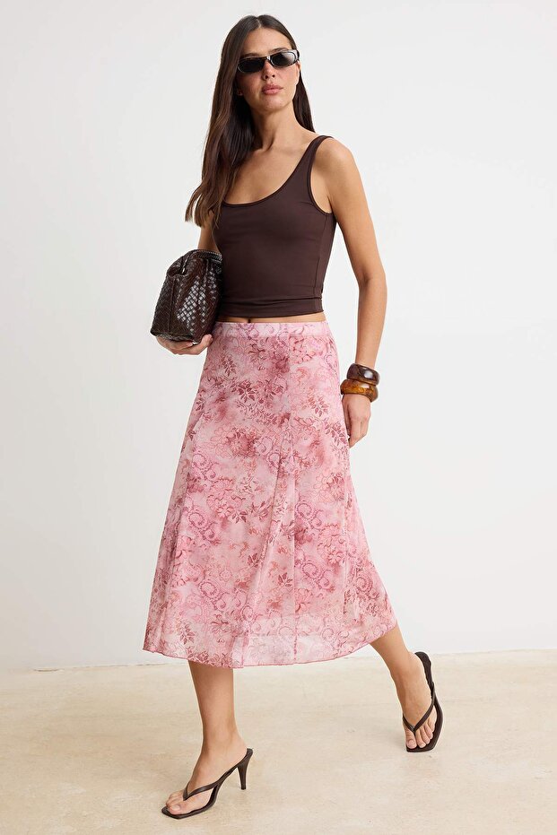 Çok Renkli Şal Desen Boho/Boho Chic Skater Yüksek Bel Midi Tül Örme Etek TWOSS26ET00163 - 1