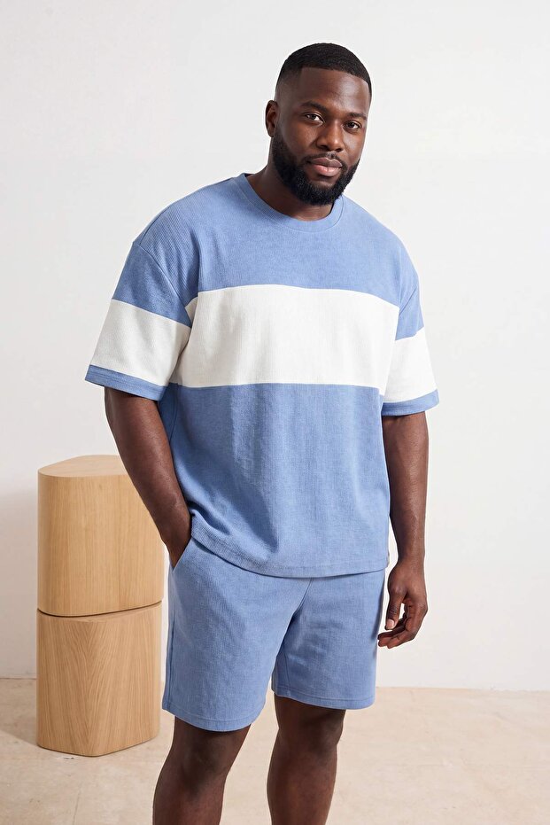 Indigo Büyük Beden Oversize/Geniş Kesim Renk Bloklu Dokulu T-Shirt TMNSS25BF00038 - 2