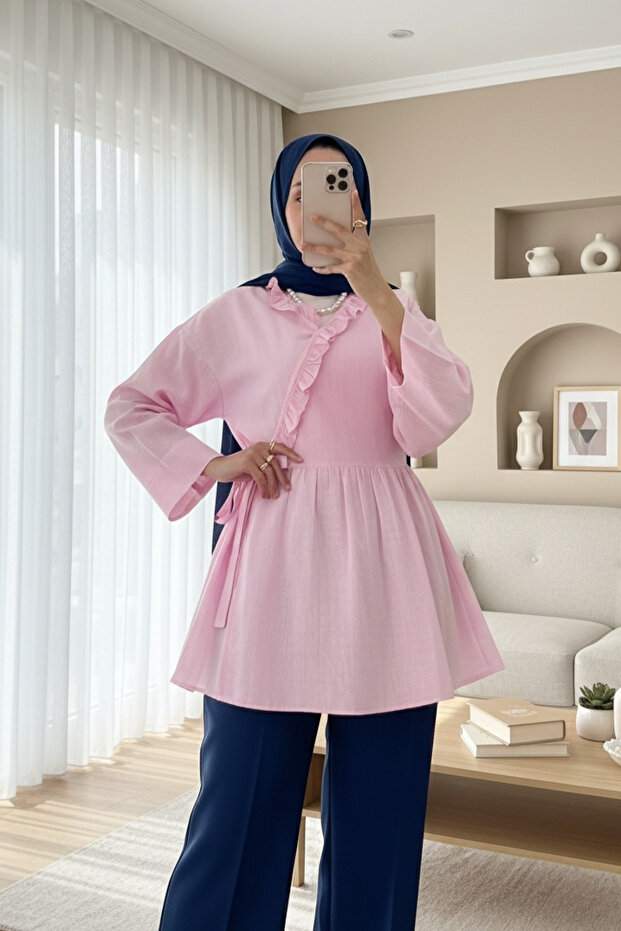 Linen Kimono with Ruffled Collar and Side Tie - Pink