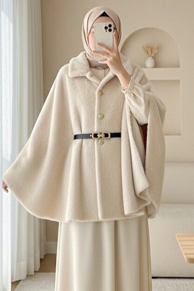 Gold Button Detail Belted Alcantara Poncho