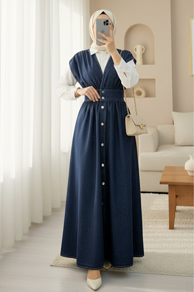 Button-Through V-Neck Sleeveless Denim Pinafore - Navy