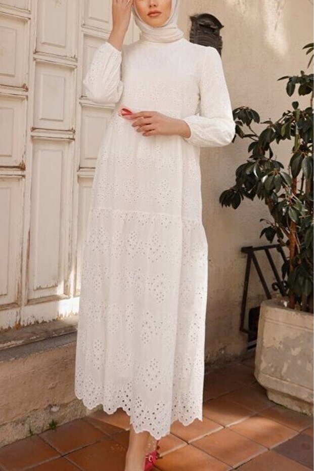 Rochie cu mâneci elastice -albă - 4