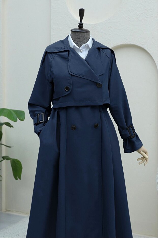 Pleated Skirt, Bolero and Belted Trench Coat - Navy