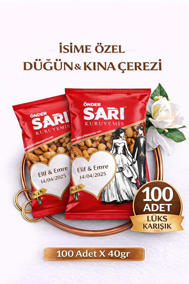 Önder Sarı Kuruyemiş Lüks Karışık Düğün Ve Kına Çerezi Kişiselleştirebilir Kuruyemiş Paketi 40 gr X 100 Adet