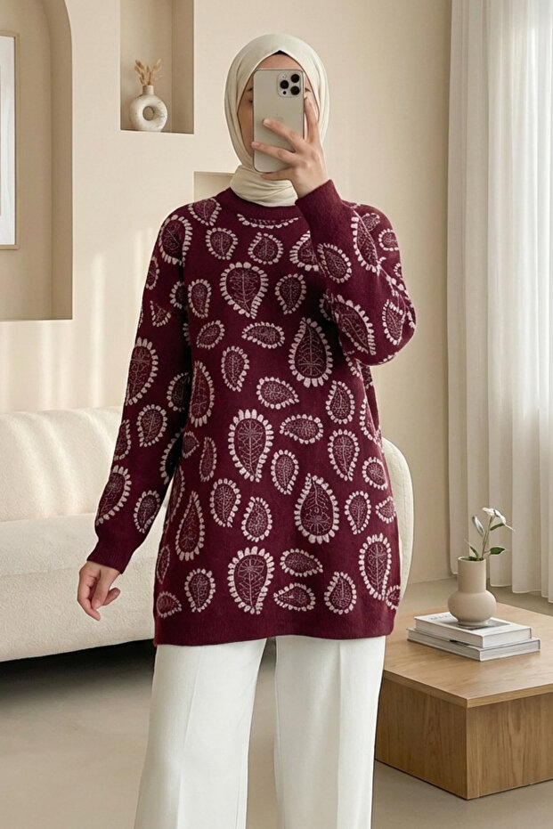 Mock Neck Damla Patterned Bearded Casual Knitwear Sweater -Pink