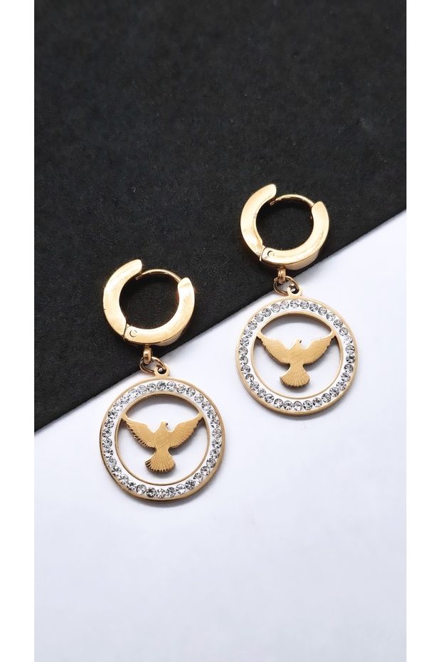 Pigeon Figured Gold Color Zircon Stone Steel Earrings