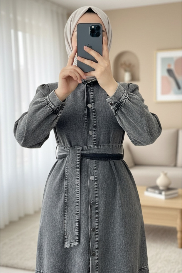 Buttoned Skirt with Ruffles Denim Dress - Gray