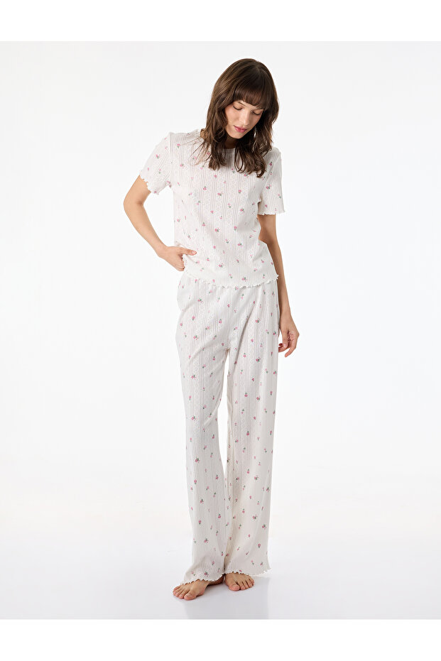 Cotton Short Sleeve Crew Neck Floral Print Pajama Set - Set of 2