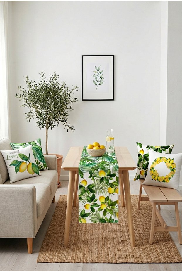 Tropical Leaf & Watercolor Lemon Patterned Decorative 4-Piece Throw Pillow Cover and Runner Set