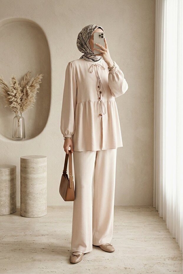 Women's Front Lace-Up Tunic Pants Double Set 6744 - Cream